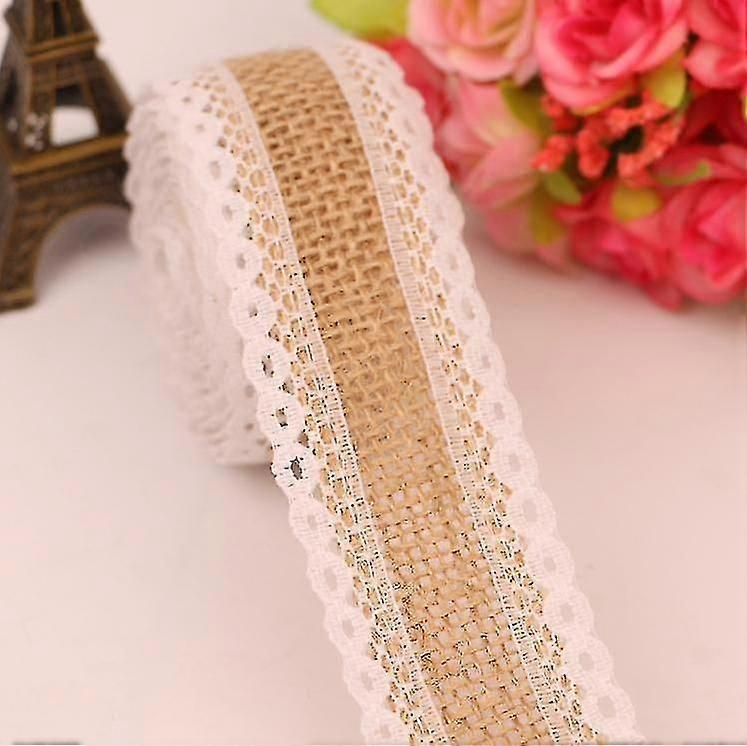Burlap White Lace Ribbon Roll, Natural Hessian Ribbons Roll With Lace Trim (4 Pieces, 2 Meter) O