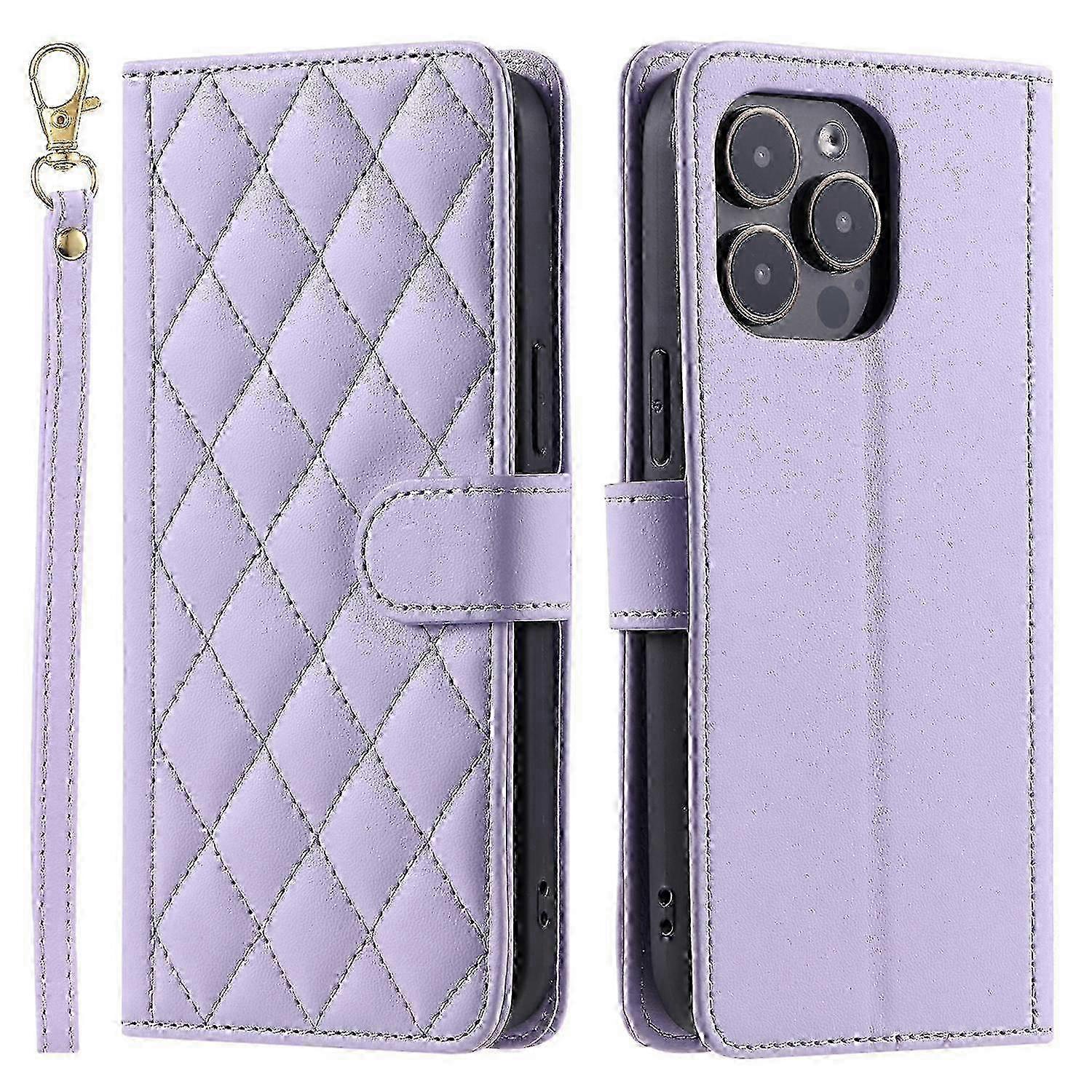 For iPhone 14 Pro Max Leather Phone Case with Wallet Rhombus Grid Pattern