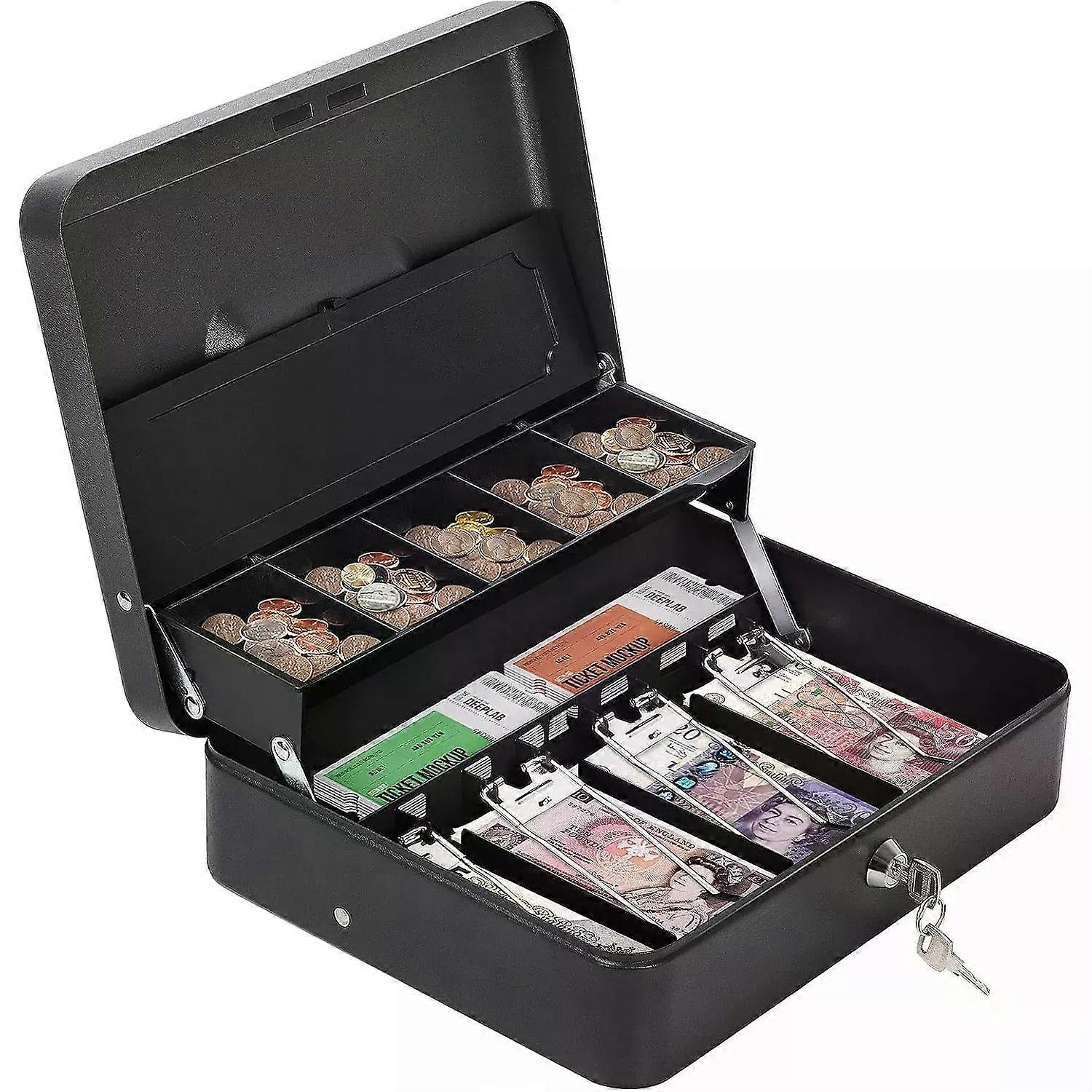 Double Layer Metal Cash Box w/ Key Lock 12x9x4in Portable Money Safe Box for Notes Coins Fixed Tray & 2 KeysCoin Storage Case