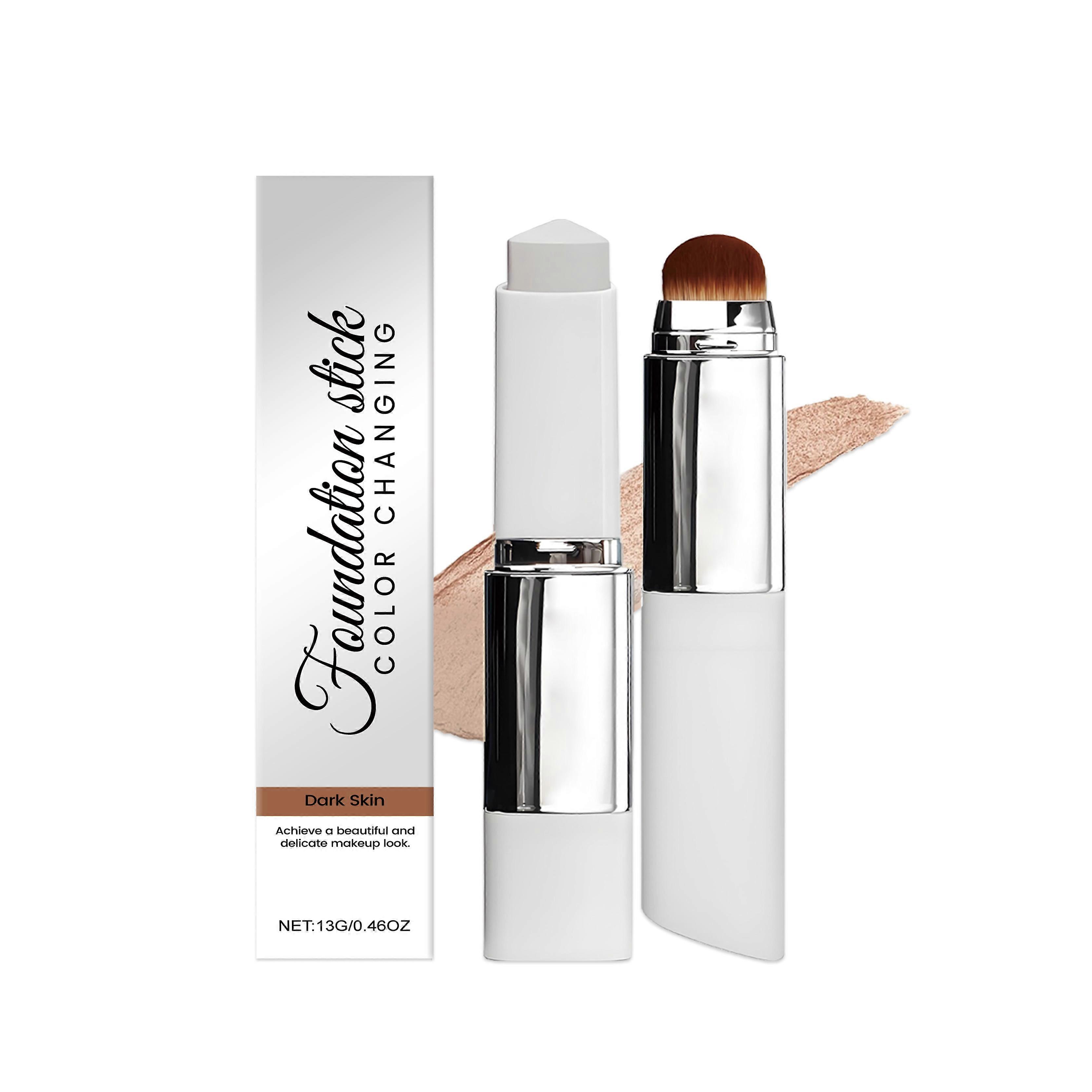The two-in-one color-changing foundation stick for darker skin tones has a lightweight, moisturizing, brightening, and nourishing texture with a matte