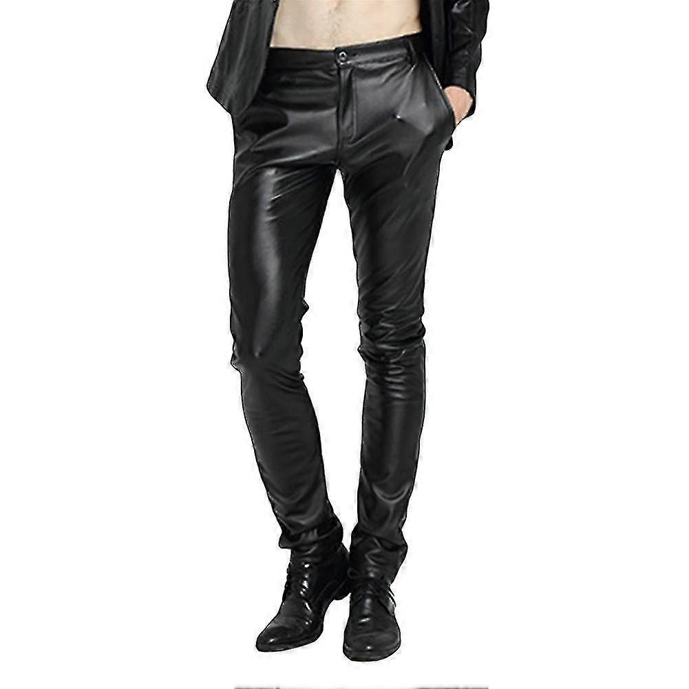 Plus Fleece Men's Solid Color Casual Straight-leg Leather Pants