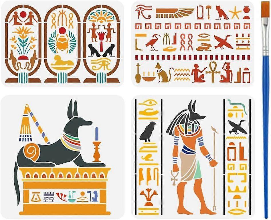 4 PCS Egyptian Symbols Stencil for Painting with Brush A4/11.8inch Reusable God Anubis Sphinx Template Hieroglyphic Eye of Horus Stencil Plastic PET E
