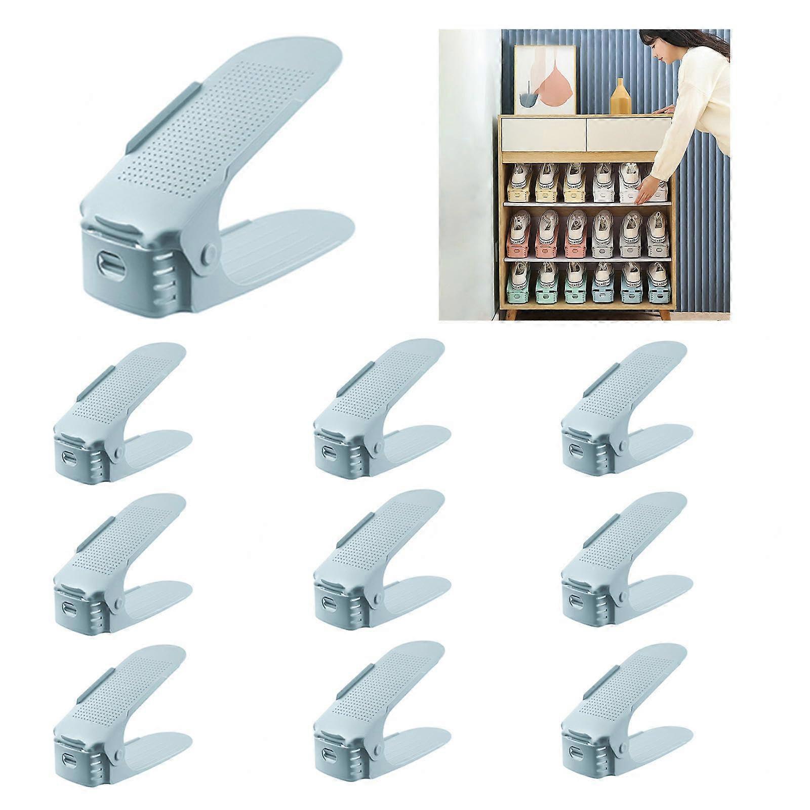 Adjustable Shoe Slots Organizer Double Deck Shoe Stacker for Closet Storage Blue Set of 30