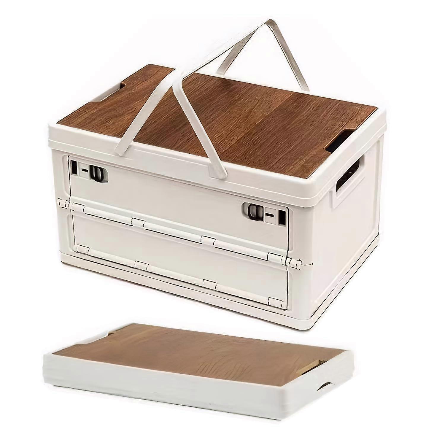 Foldable Storage Box with Wood Lid PP Base for Camping, Clothes, Snacks, Daily Use (White Large)