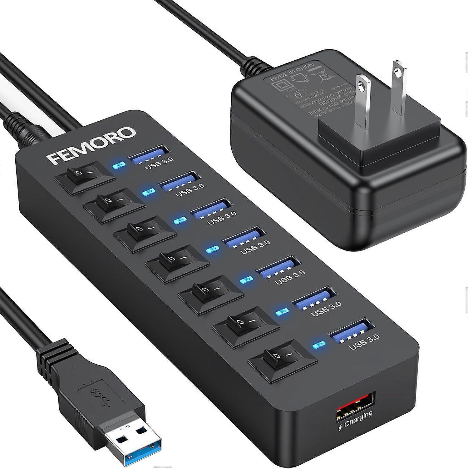 Powered USB Hub 3.0, Data 7 Ports and USB Charging 1 Port Multi USB 3.0 Splitter with Individual LED Switches