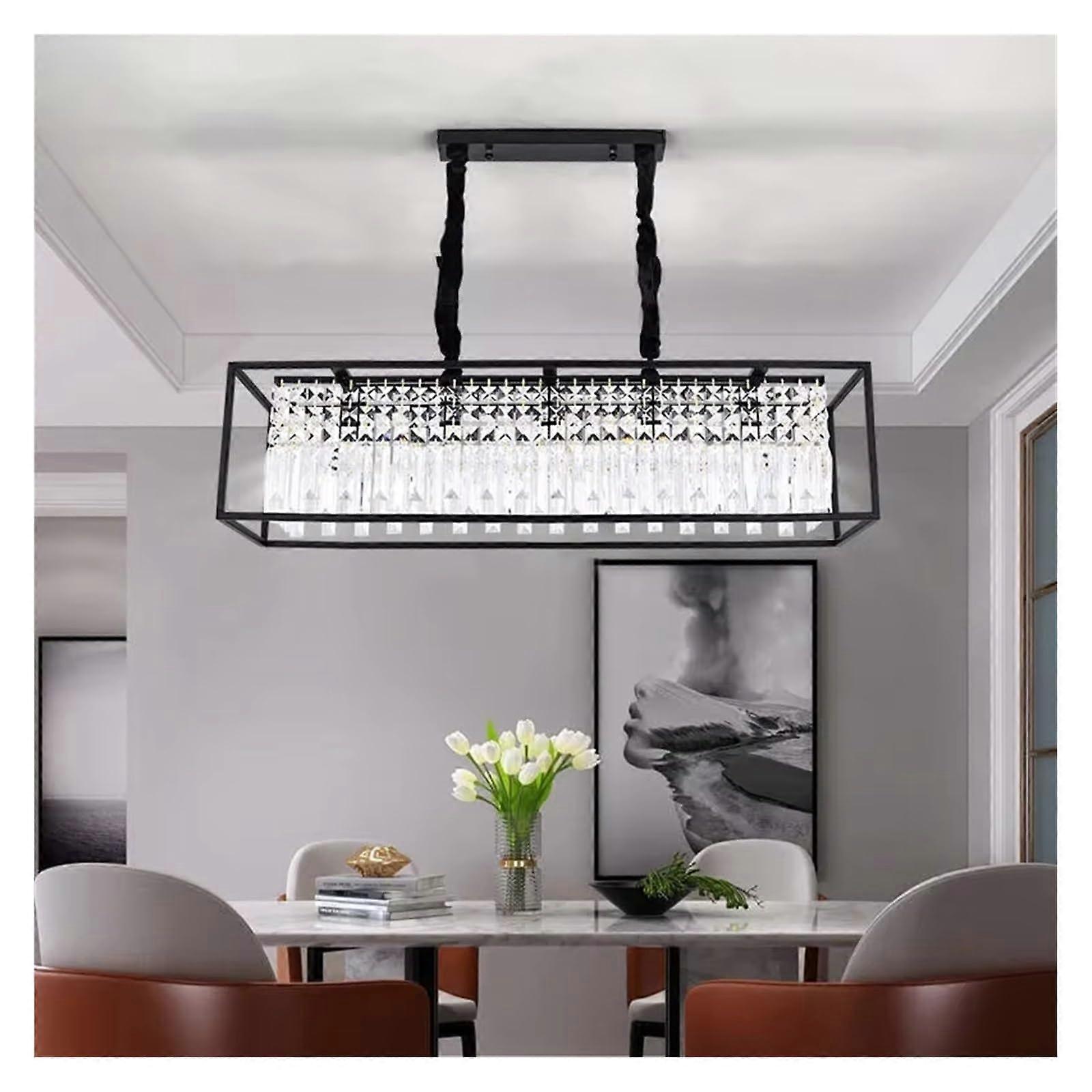 Modern Crystal Chandelier LED Rectangular Luxury Lighting for Dining Room and Kitchen Island Cold White Black