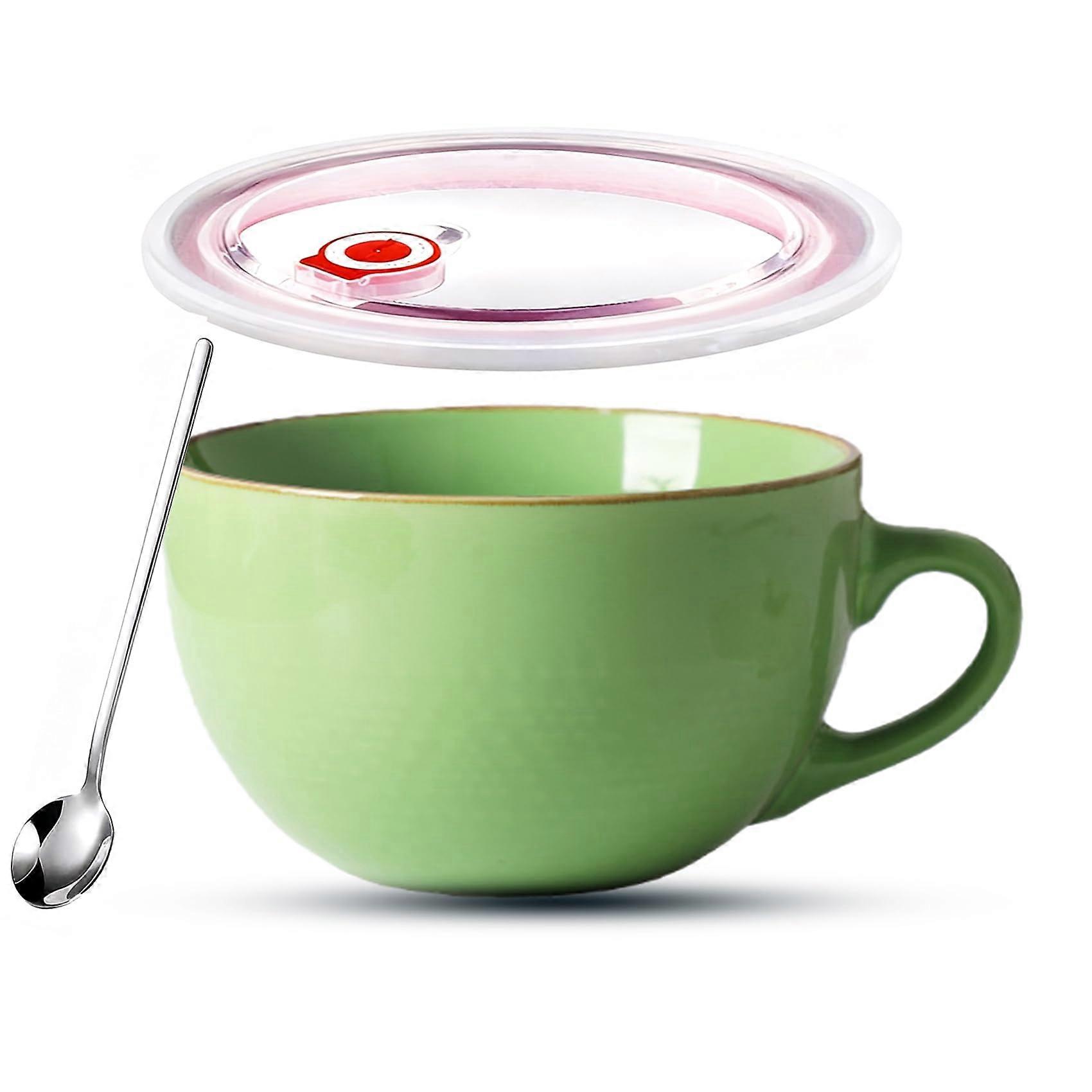 Large Ceramic Coffee Mug 700ml with Lid and Spoon, Soup Mug with Handle, Grass Green
