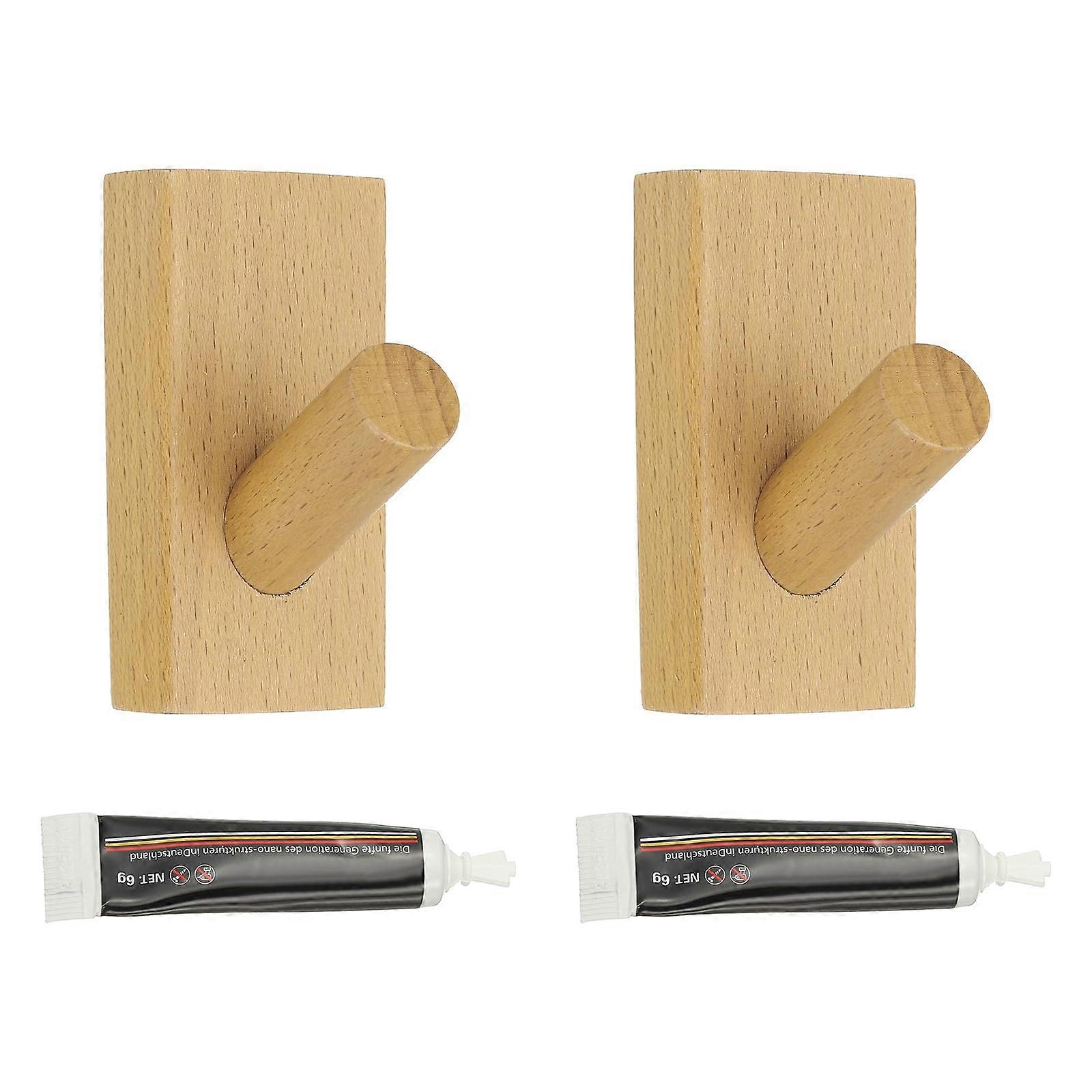 2 Pack Square Beech Wood Wall Hooks, Coat Hooks Wall Mounted or Self Adhesive for Versatile Hanging