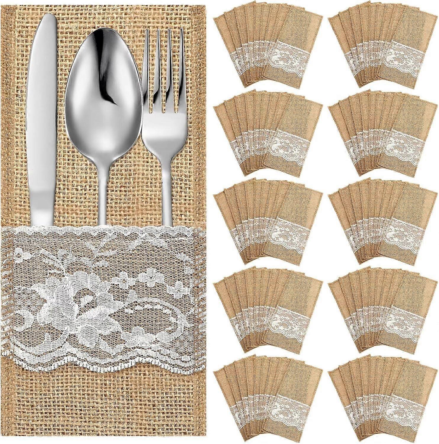 30PCS Burlap Utensil Holders with Lace for Rustic Wedding Table Decor Bridal Shower