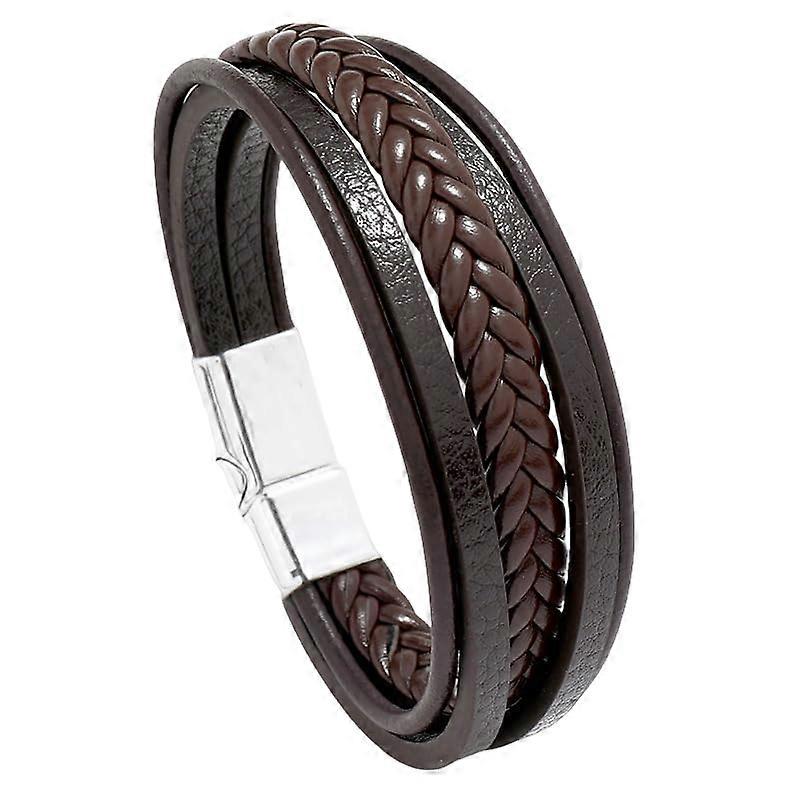 Men's Leather Bracelet Vintage Punk Adjustable MultiLayer Braided Rope Brown White Button