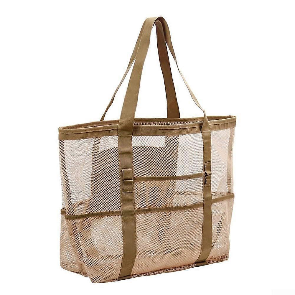 Khaki Large Sand Mesh Beach Tote Bag with MultiPocket Storage for Summer Essentials