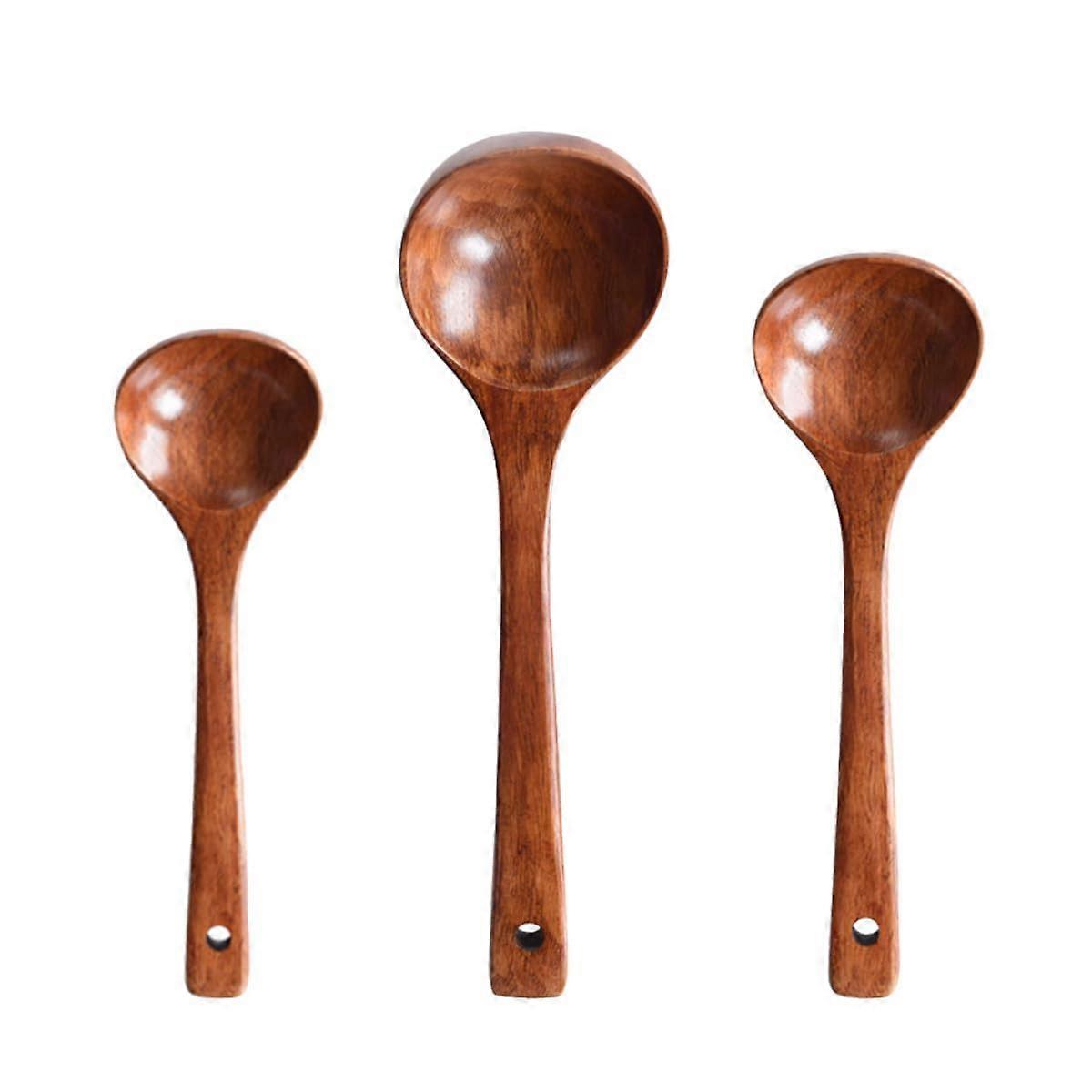 3Pcs Solid Wood Soup Spoons Set with Long Handle Design for Cooking and Serving in Kitchen and Dining
