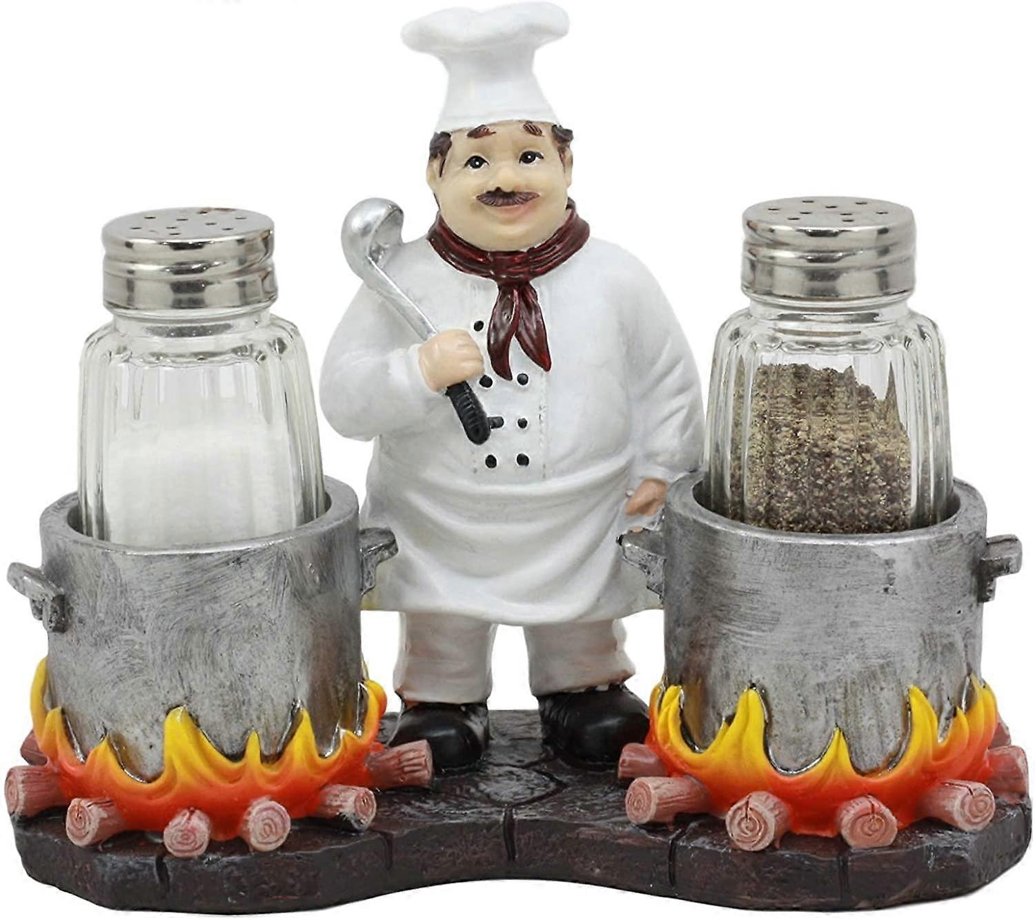 Salt and Pepper Shaker Set with Hand Painted Chef Figurine Holder for Kitchen Table Decor