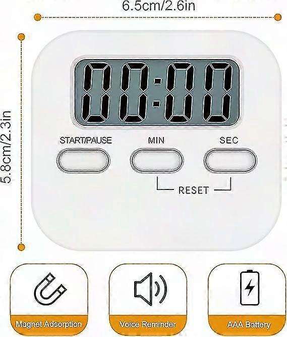 Kitchen Timer with Large LCD Display, Stopwatch, Loud Alarm & Countdown - White