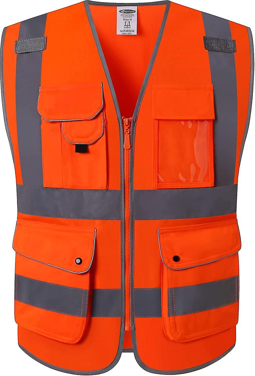 9 Pockets Class 2 High Visibility Zipper Front Safety Vest With Reflective Strips