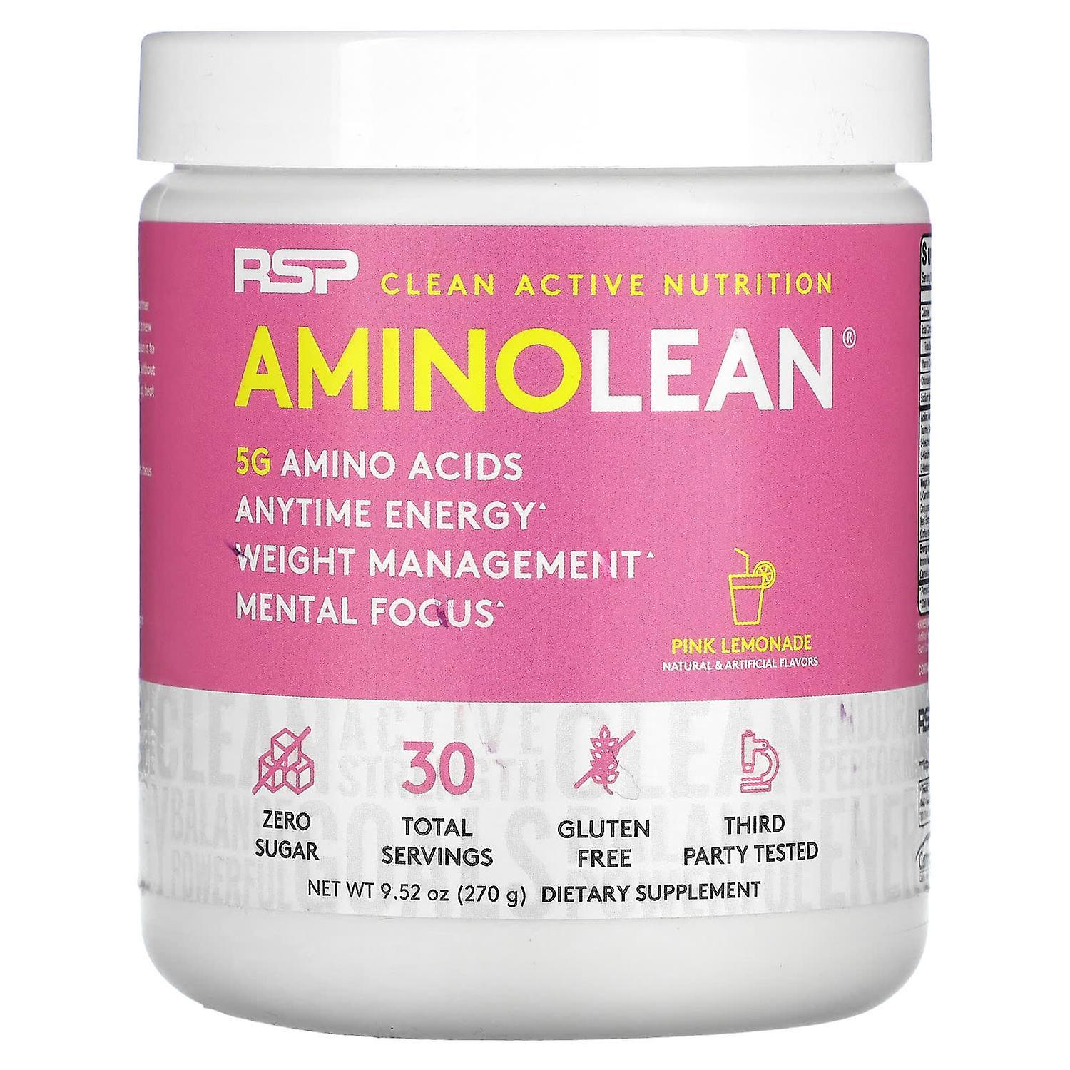 RSP Ernæring, AminoLean, 5 g Aminosyrer + Når som helst Energi, Pink Limonade, 9,52 oz (270 g)