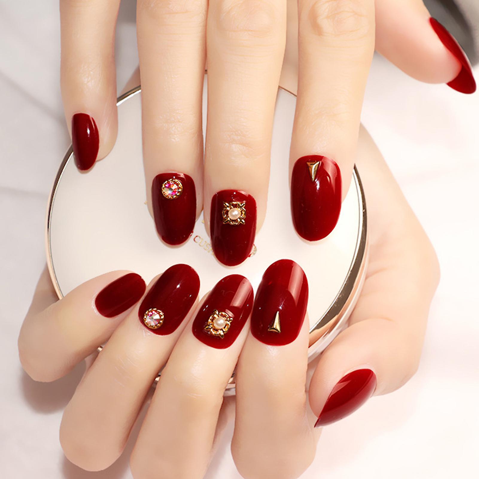 Soild Color Crimson Fake Nails Reusable Wearable Short Round Nails For Fingernail Diy At Home