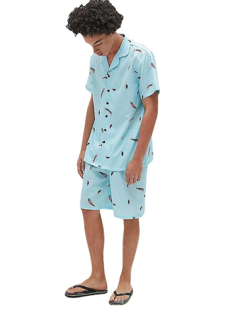 Men's Feather Print Revere Collar Short Sleeve Pajama Set - Loose Fit Sleepwear Two Piece Shorts Set