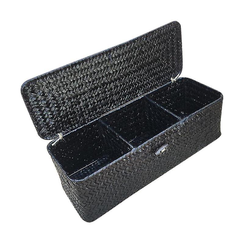 Scatola portaoggetti a 3 scomparti Cesto in vimini rattan con coperchio Custodia per articoli vari Contenitore Desktop Org