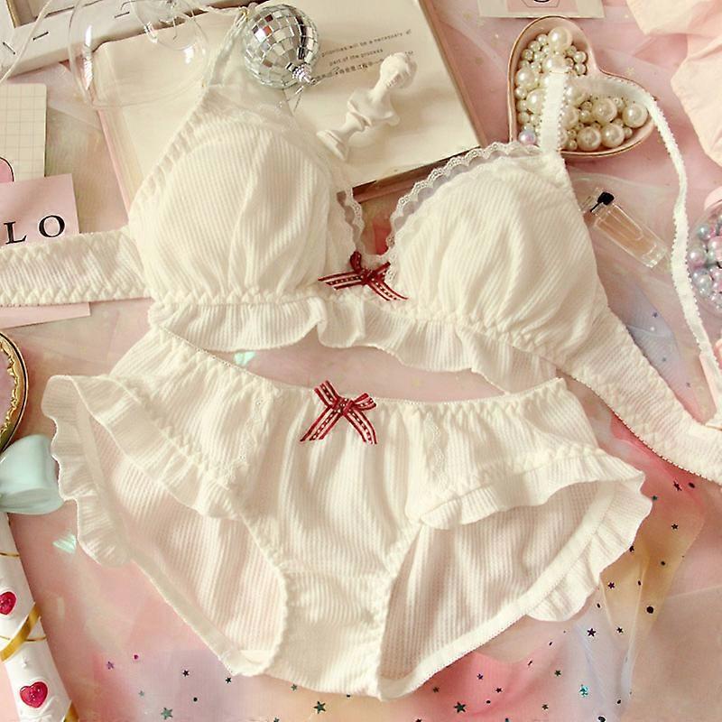Japanese Chiffon Cute Bra & Panties Set Ruffles Wirefree Soft Underwear Sleep Intimates Set Kawaii Lolita Women Underwear Set