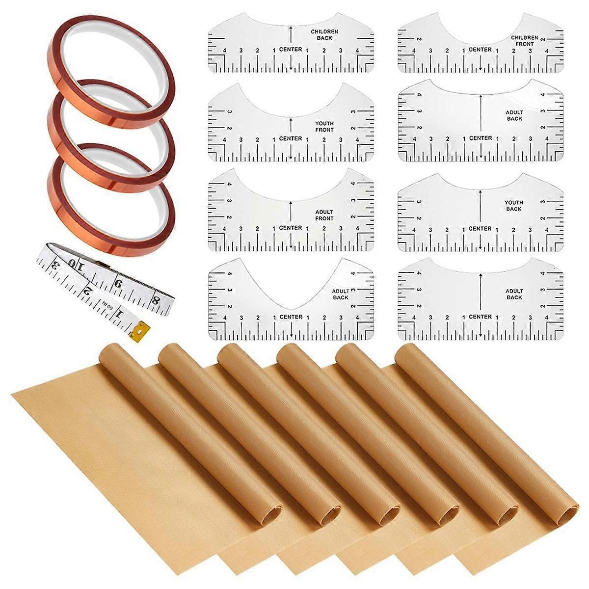 18 PCS PTFE-Sheets for Heat Press 12x16 Inch, T Shirt Alignment Ruler and Heat Resistant Tape and Tape Measure Set