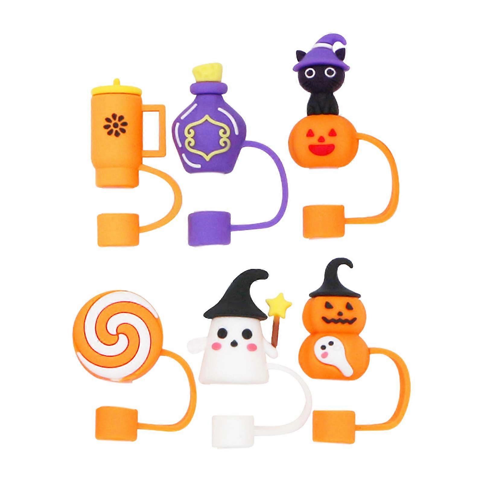 6Pcs Ghost Silicone Straw Cap 10mm Tips Lids Reusable Dust-Proof Pumpkins Topper Set for Cup Party Decor Halloween Theme Straw Covers