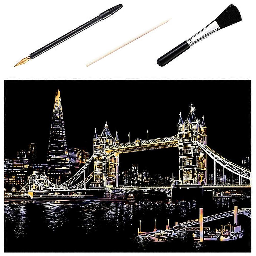 1 Set Tower Bridge Picture Kit Scratch Schilderen Supplies DIY Stad Nacht Tekening Scratch Paper Tools Kit