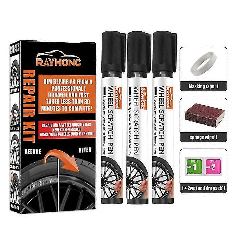 3x Universal Wheel Repair Kit for Surface Damage on Alloy & Steel Wheels, Black Rim Scratch Repair Kit, Wheel Scratch Fix Quick and Easy