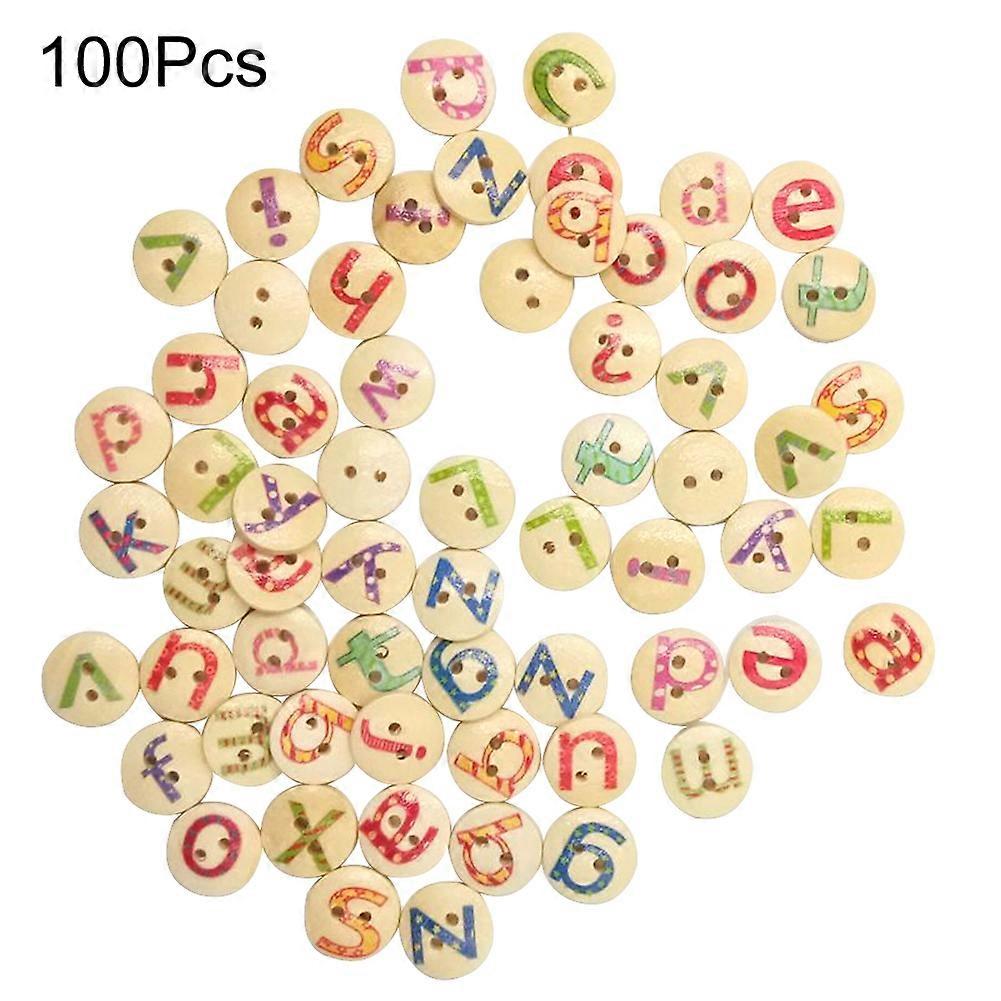 100Pcs 15mm Letter Print Two Holes Wooden Buttons for Sewing Scrapbook Crafts