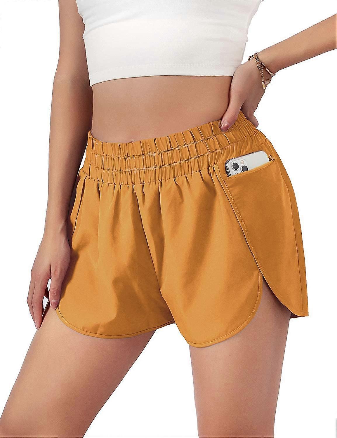 Womens Quick-Dry Running Shorts Sport Layer Elastic Waist Active Workout Shorts with Pockets
