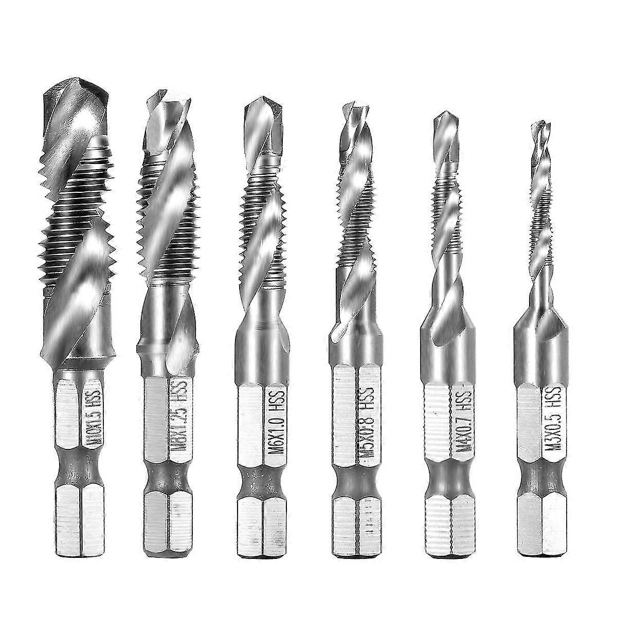 6 Pieces Hex Shank Hss Drill Bit M3-m10 Thread Screw Tap - Silver