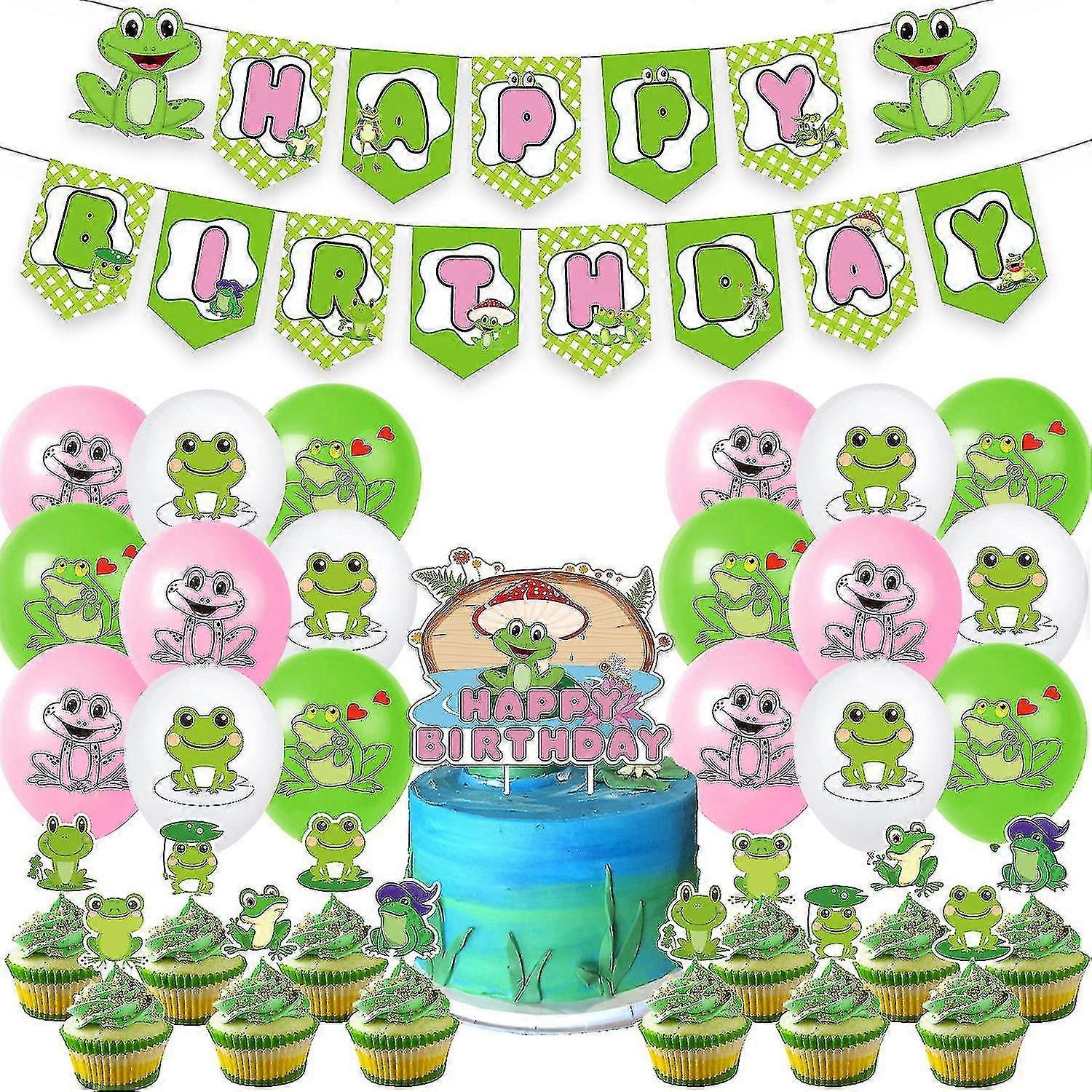 2024 الهدية ، لوازم حفلة عيد ميلاد الضفدع ، مجموعة بالونات زينة عيد ميلاد الضفدع مع أغطية الكيك