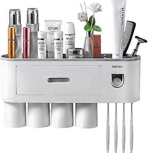 Automatic Toothpaste Dispenser Wall Mounted Squeezer Kit with Toothbrush Holder, 4 Toothbrush Slots, Multi-Function Toothbrush Organizer (4 Cups)