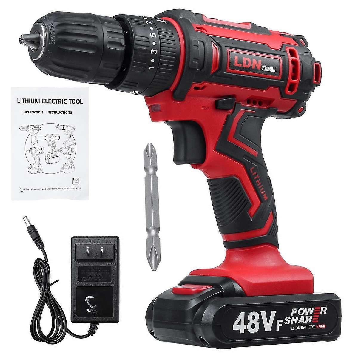 48V 25+3 Torque 2-Speed Cordless Impact Drill Electric Screwdriver Drill Mini Rechargeable Power Driver 2Pcs Lithium-Ion Battery
