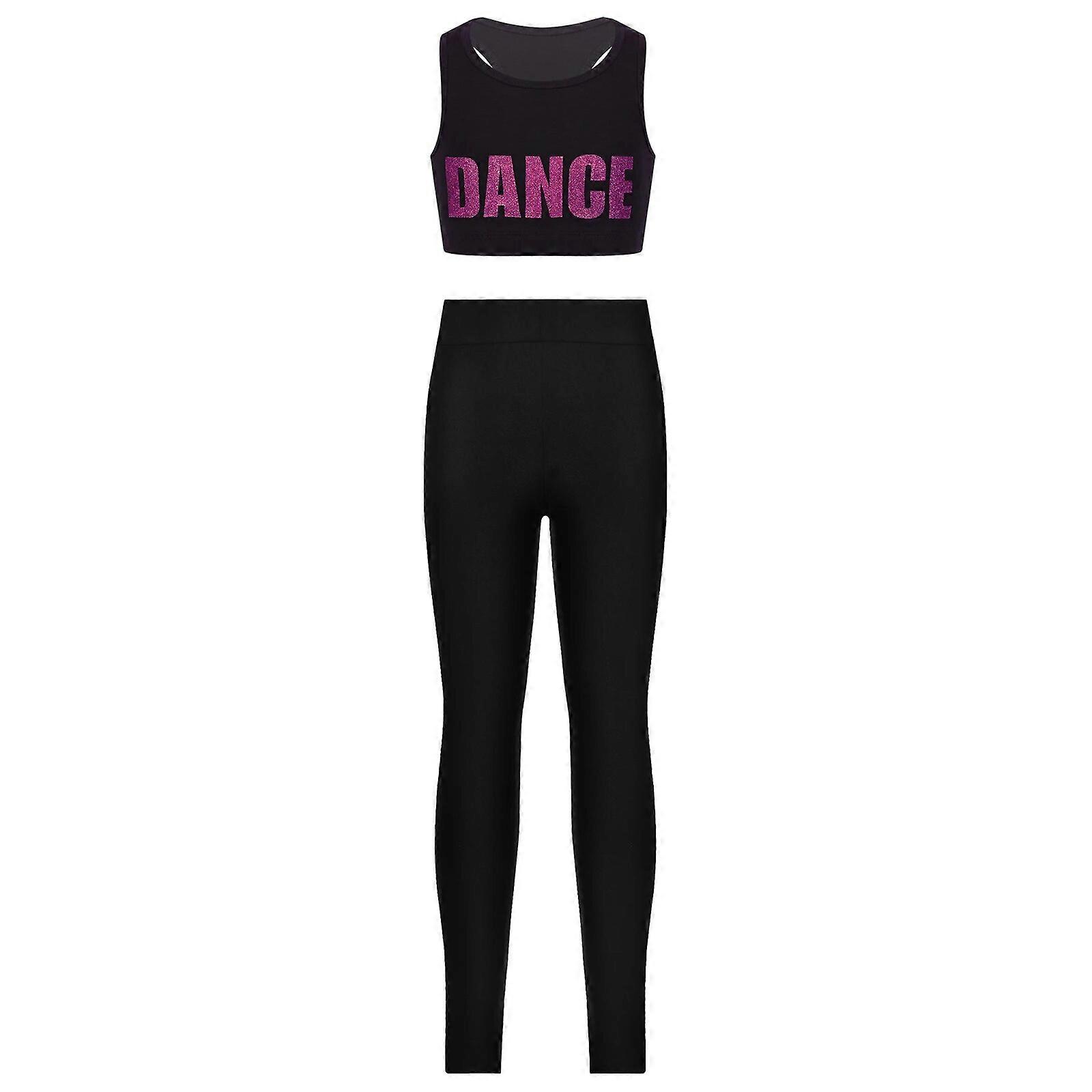 Kids Girls Two Pieces Ballet Dance Outfits Sleeveless Letters Printed Crop Top with Leggings Teen Sets for Gymnastics Workout