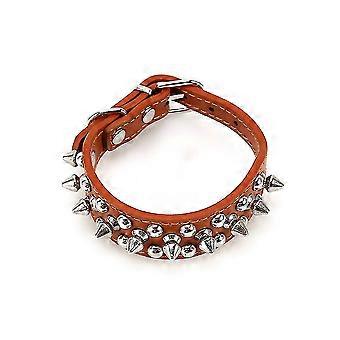 Brown PU Leather Spiked Studded Adjustable Cat Dog Collar - Size M