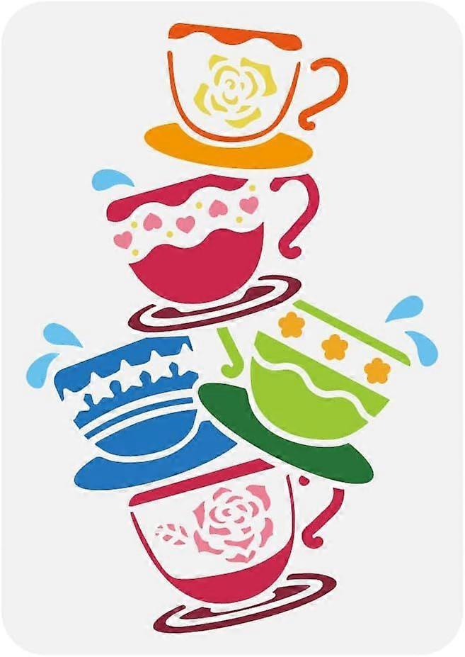 Coffee Cups Stencil 8.3x11.7" Creative Cups Painting Stencils Heart Cups Drawing Large Stencils Reusable Flower Cups Templates for Painting on Fabric