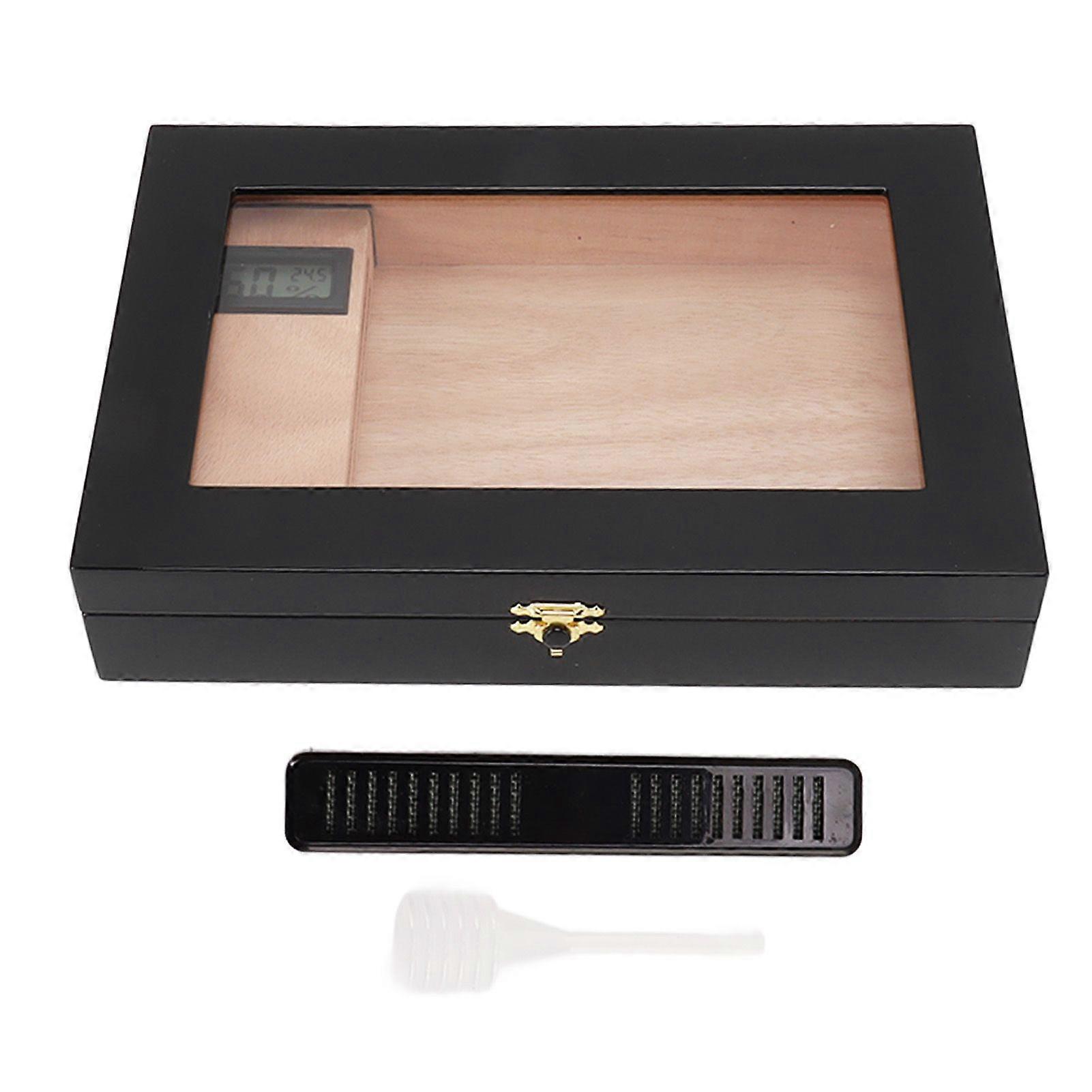 Cigar Humidor Wood Cigar Desktop Box with Humidifier Hygrometer Transparent Acrylic Top Cigar Case for 20 Cigars Black