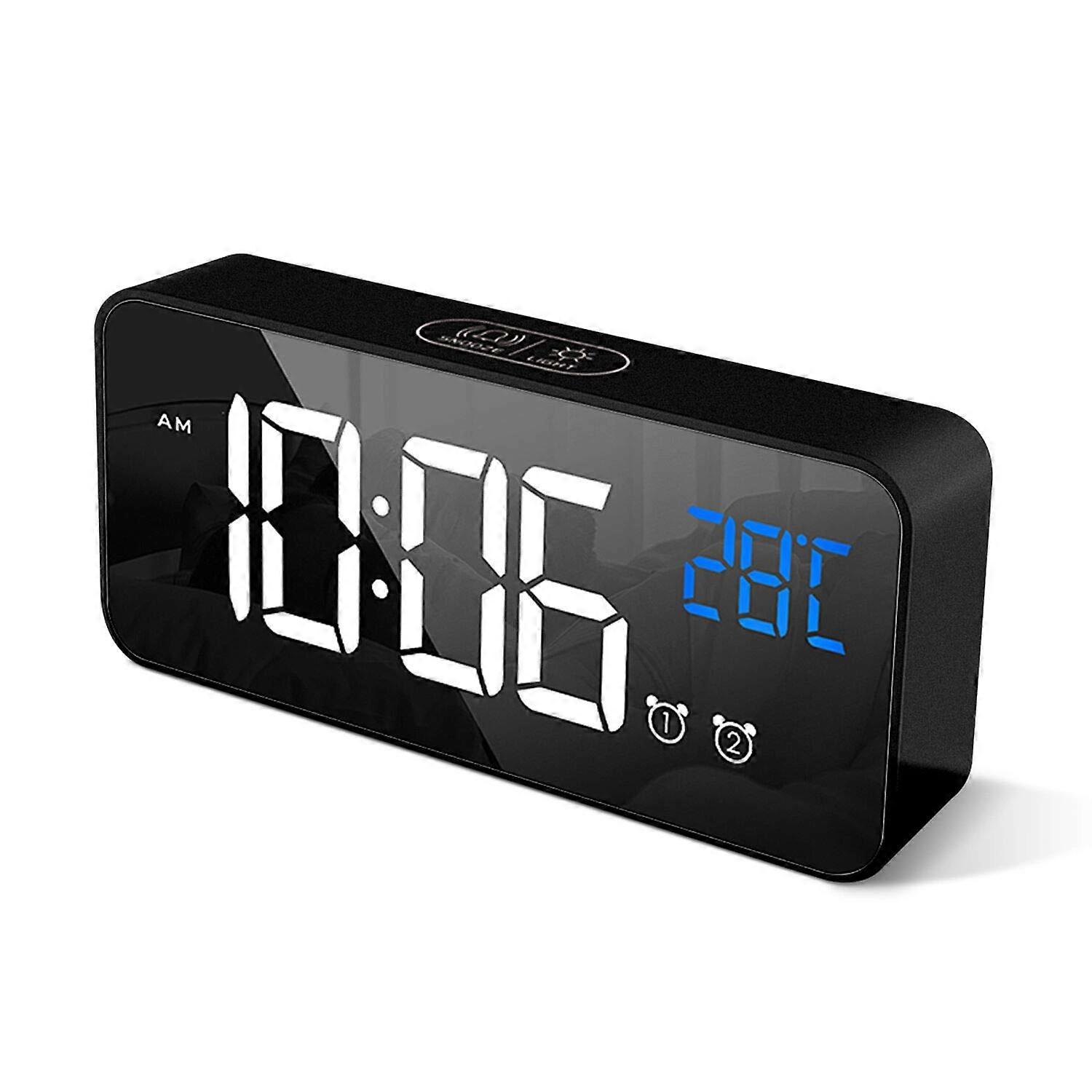 Digital alarm clock with large LED temperature display, table clock with dual alarms, snooze time