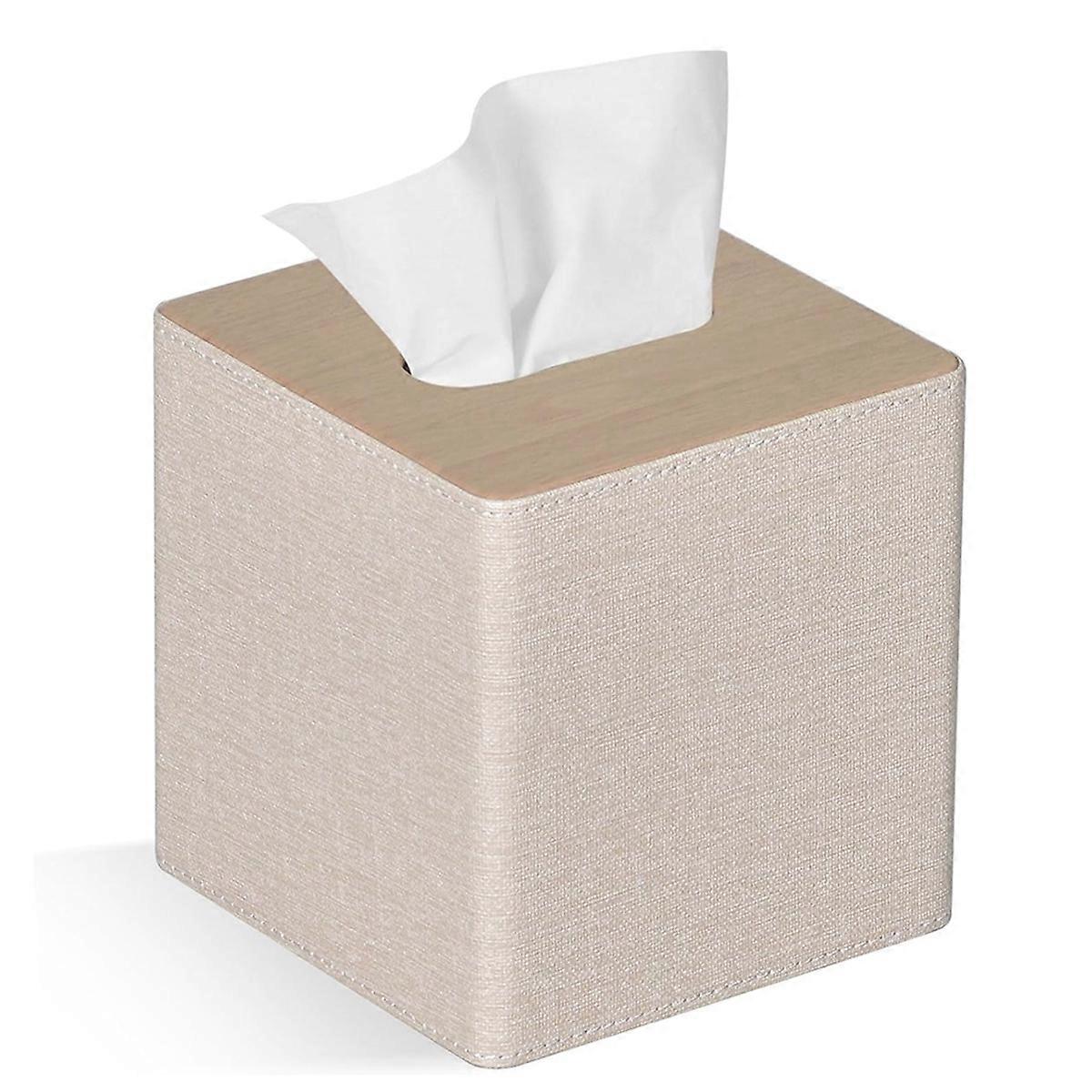 Tissue Box Cover Square PU Leather Facial Tissue Box Holder Beige