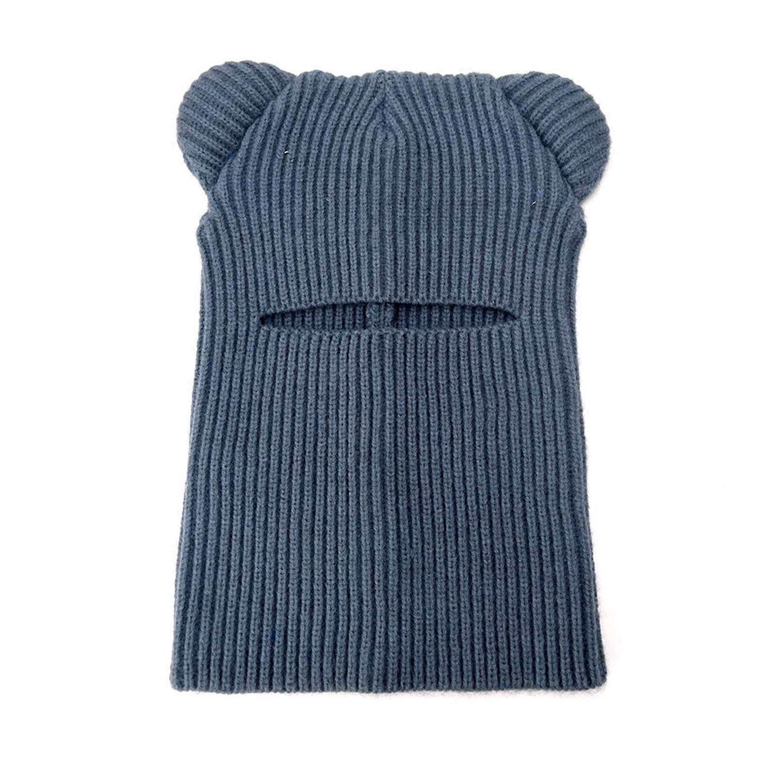 Eye Exposed Cartoon Bear Ear Knitted Hat Fluffy Winter Warmer Neck Guard Hat Cold Winter Presents for Teenagers  Haze blue