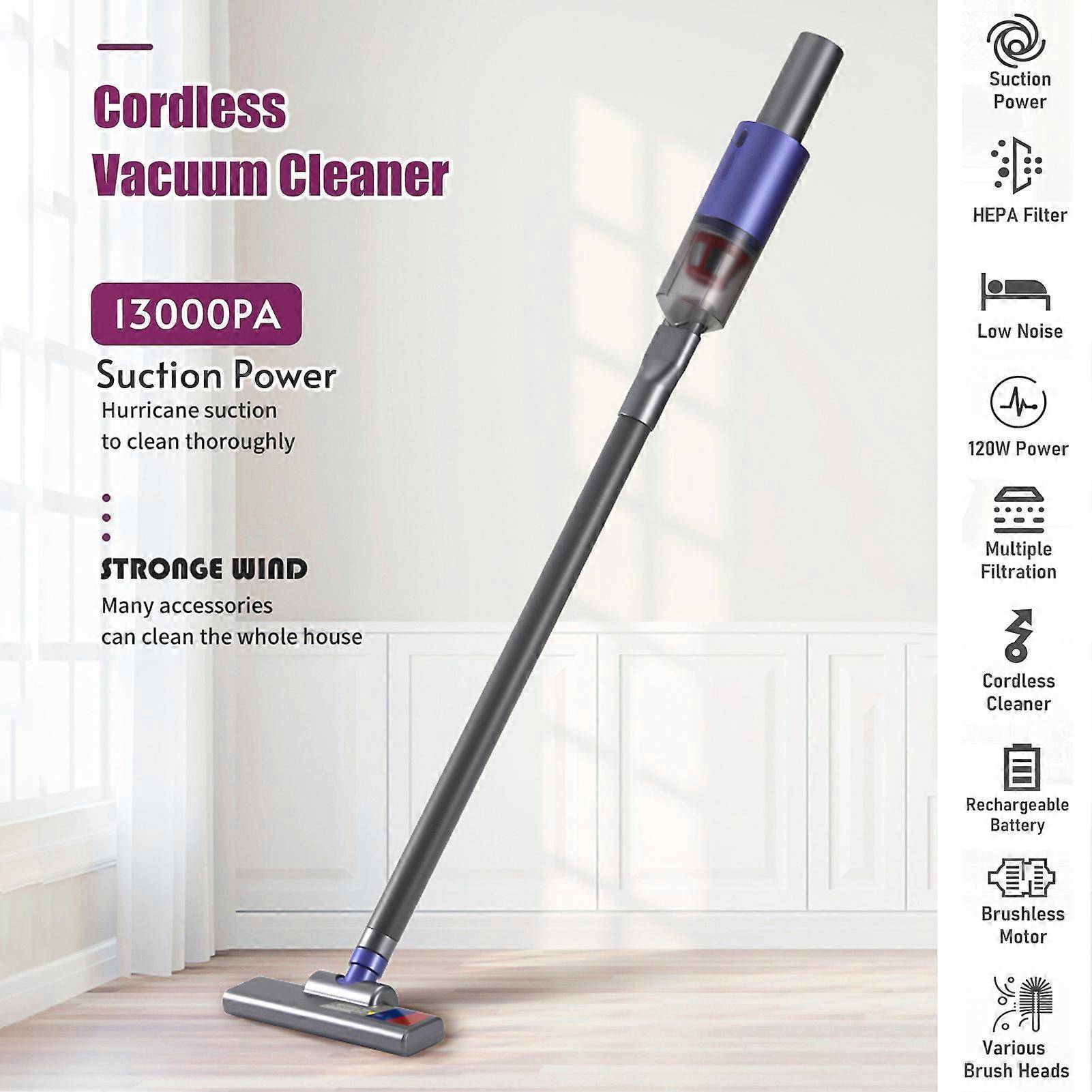 Cordless Vacuum Cleaner 13000PA Stick Handheld Vacuum 3 Different Brush Heads HEPA Filtration Detachable Dust Cup Support Type-C Port Fast Charging f
