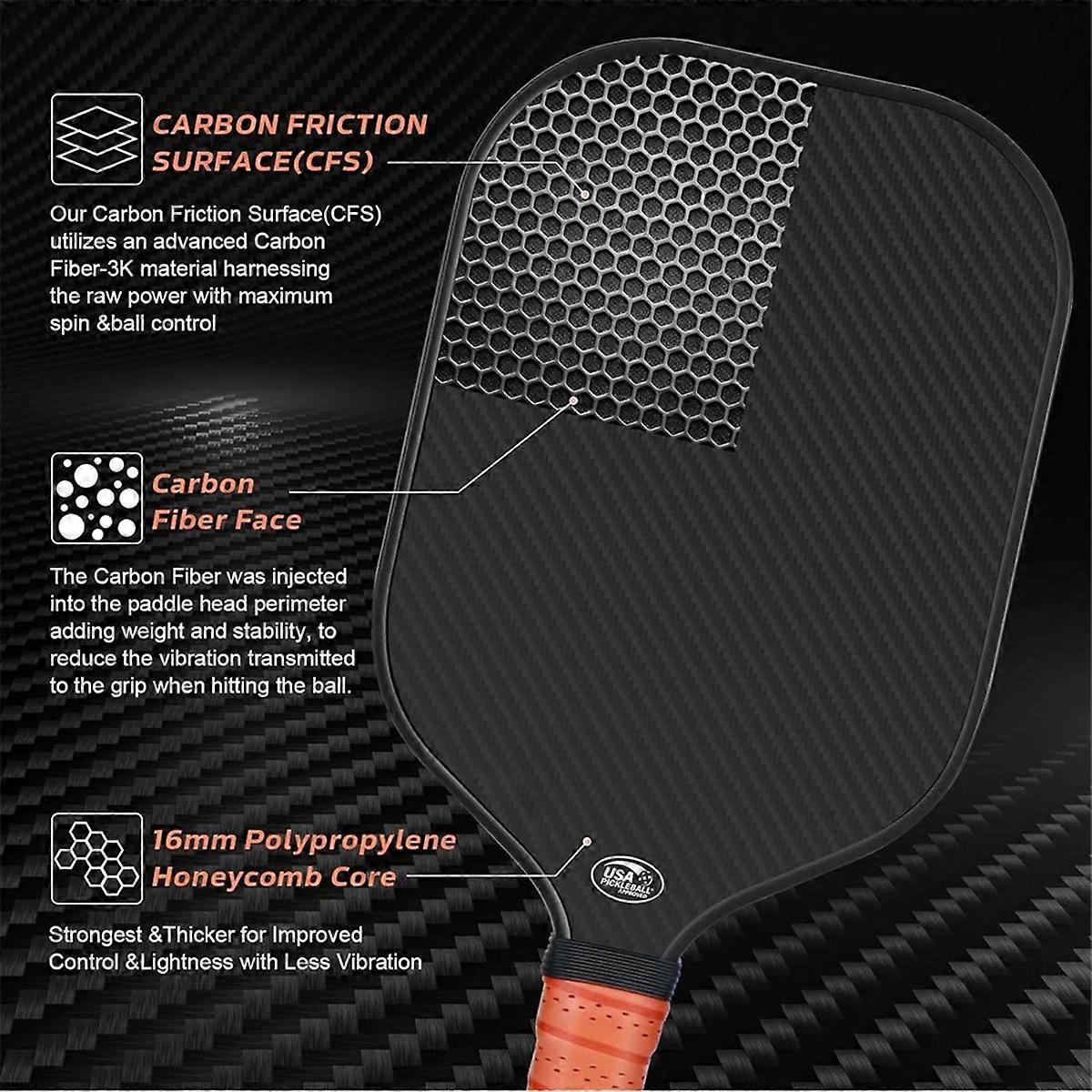 16MM Pickleball Paddle 3K Carbon Fiber PP Honeycomb Core Enhanced Power Anti-Slip Hand Grip Paddle