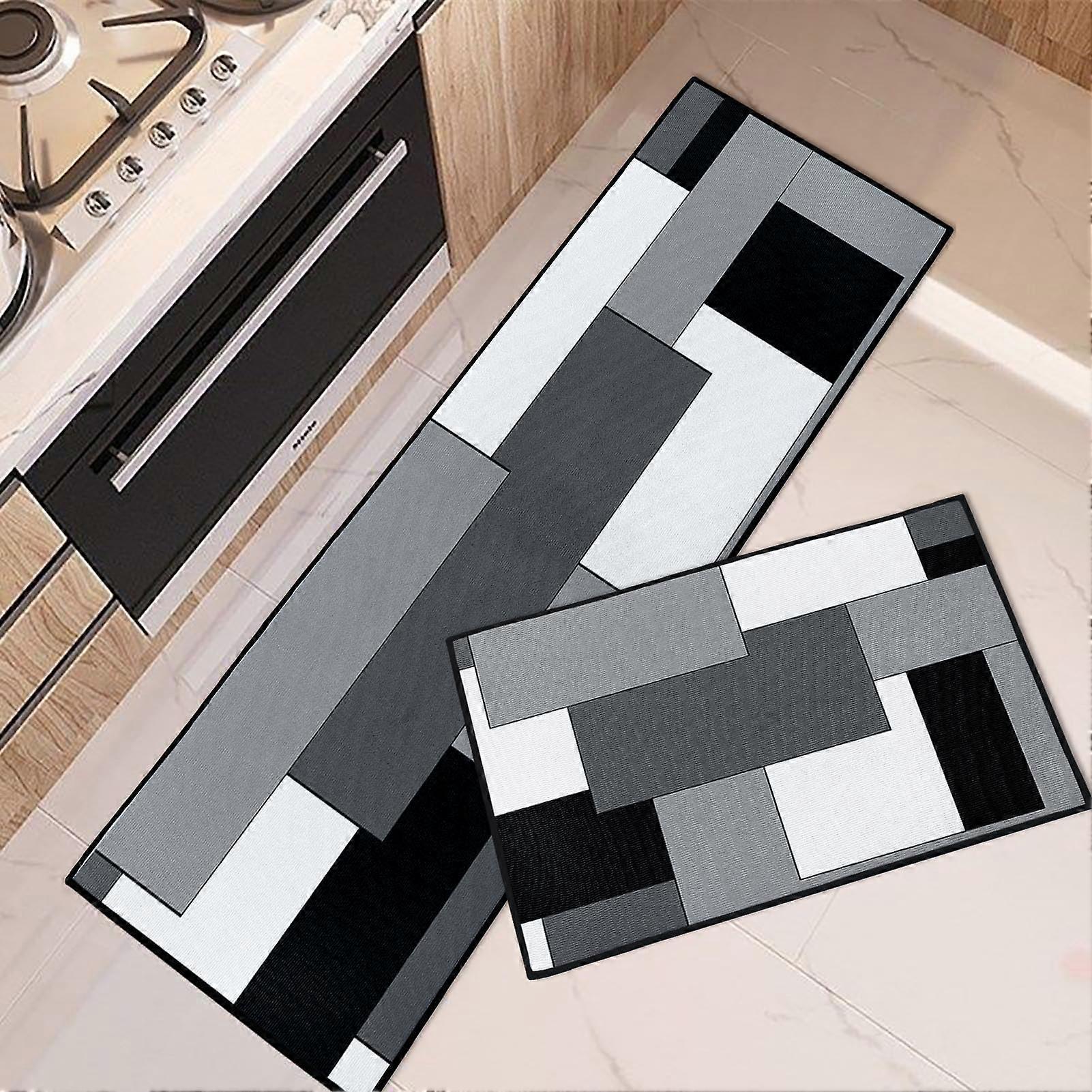2 Set Kitchen Rugs and Mats Non S Washable Checked Grey Black Rustic Minimalist Modern Abstract for Kitchen Decor Floor