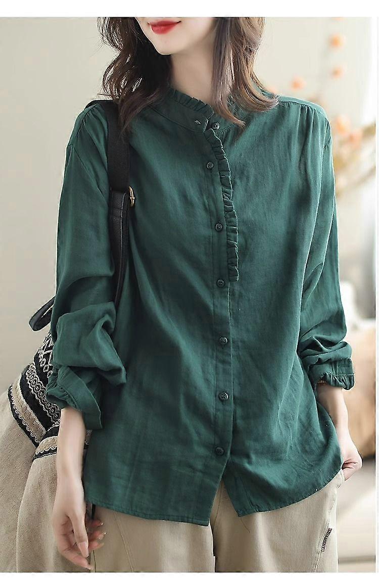 Damenbekleidung Baumwolle Leinen Langarm Bluse Damen Frühling Und Herbst Einfarbig Retro Locker Mode Patchwork Leicht Passend Abnehmen Hemd Frau
