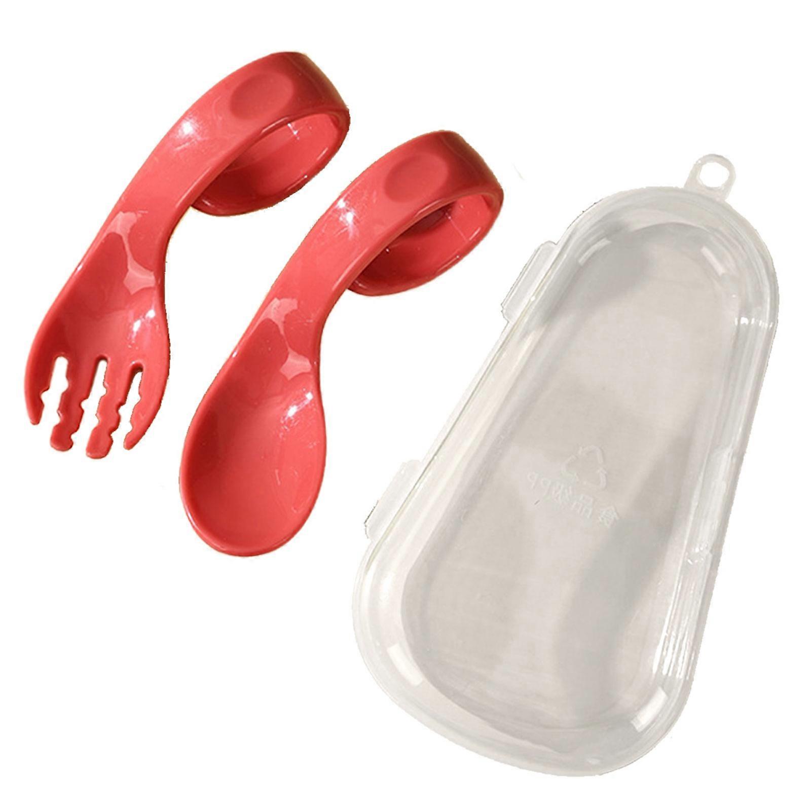 Babies Utensils Spoons Forks Set with Travel Safe Case Toddler Babies Children Feeding Training Spoon Easy Grip Soft Red