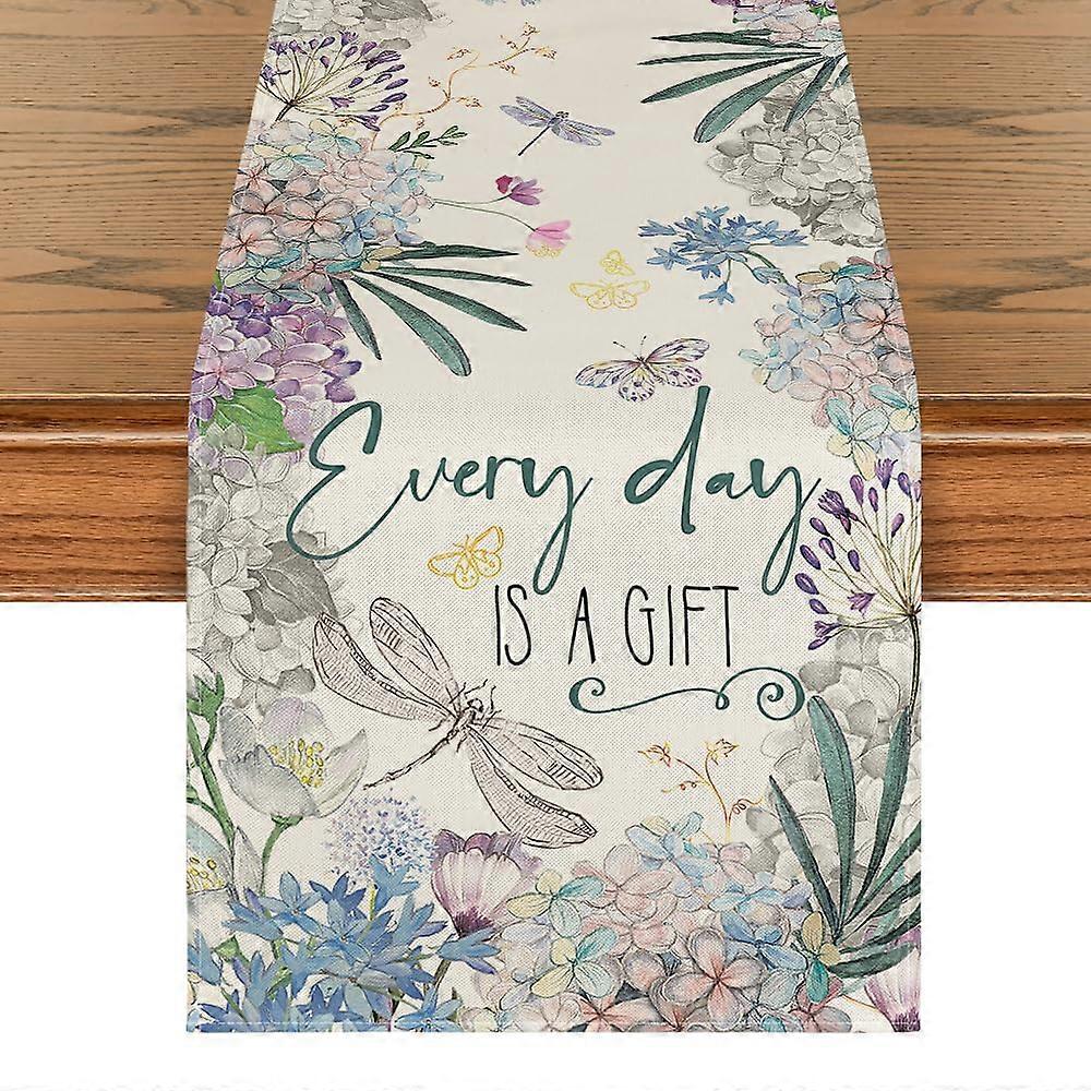 Every Day is A Gift Dragonfly Hydrangea Table Runner 13x72 Inch Spring Summer Kitchen Dining Decor