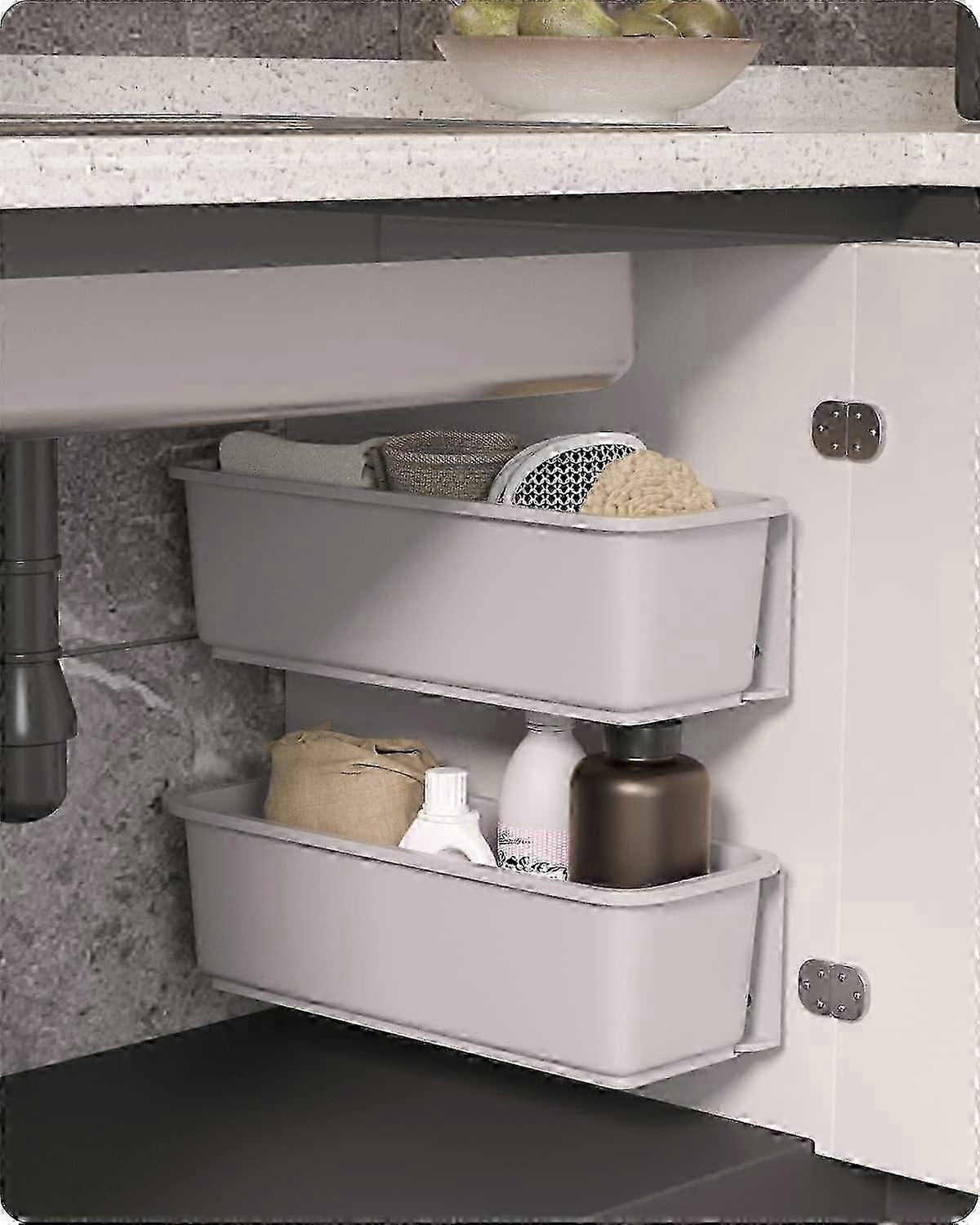2 pcs Sliding Basket Cabinet for Kitchen Bathroom, Pull Out Wall Mounted Sliding Storage Baskets(Grey)