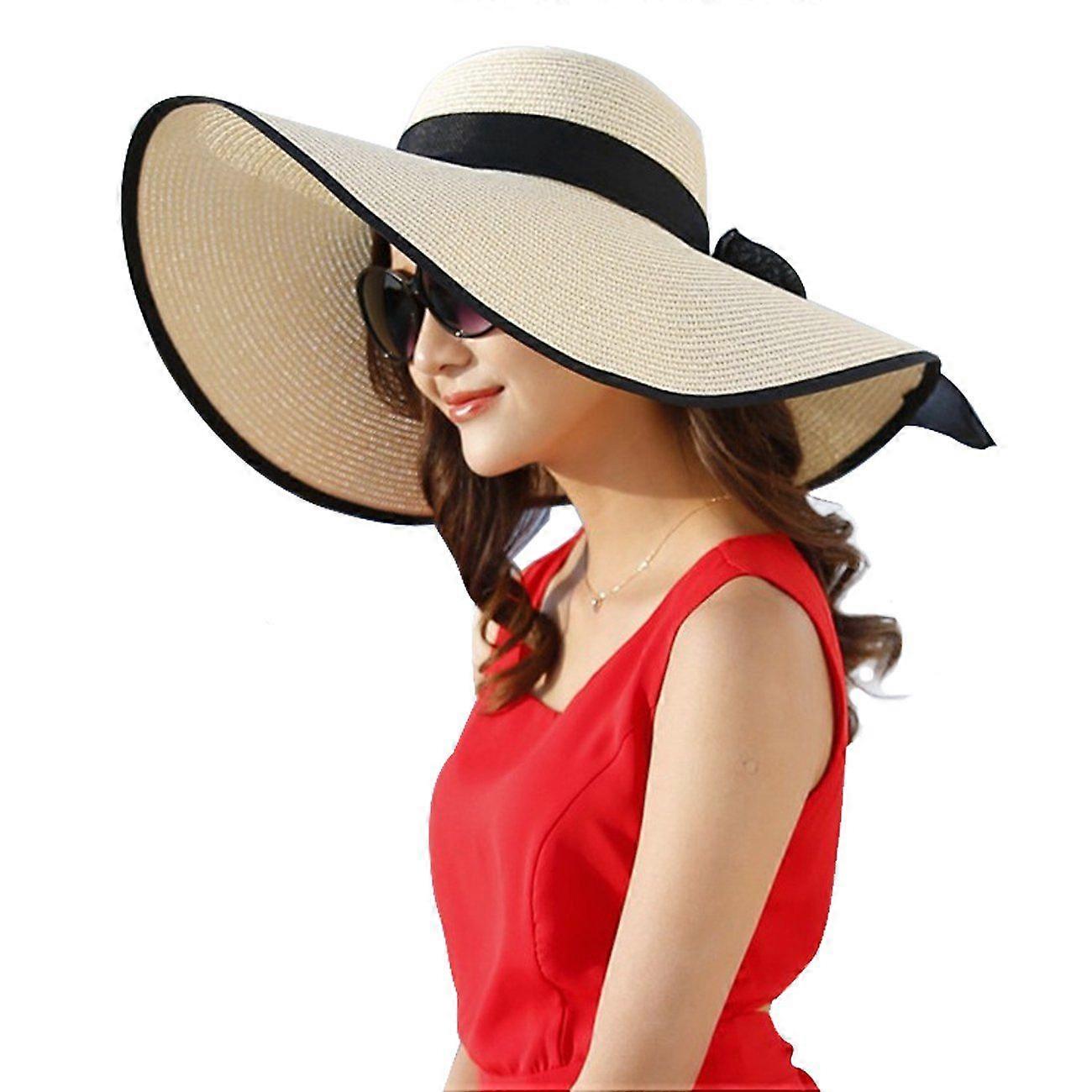 Women's Wide Brim Straw Floppy Foldable Roll Up Beach Hat UPF 50+
