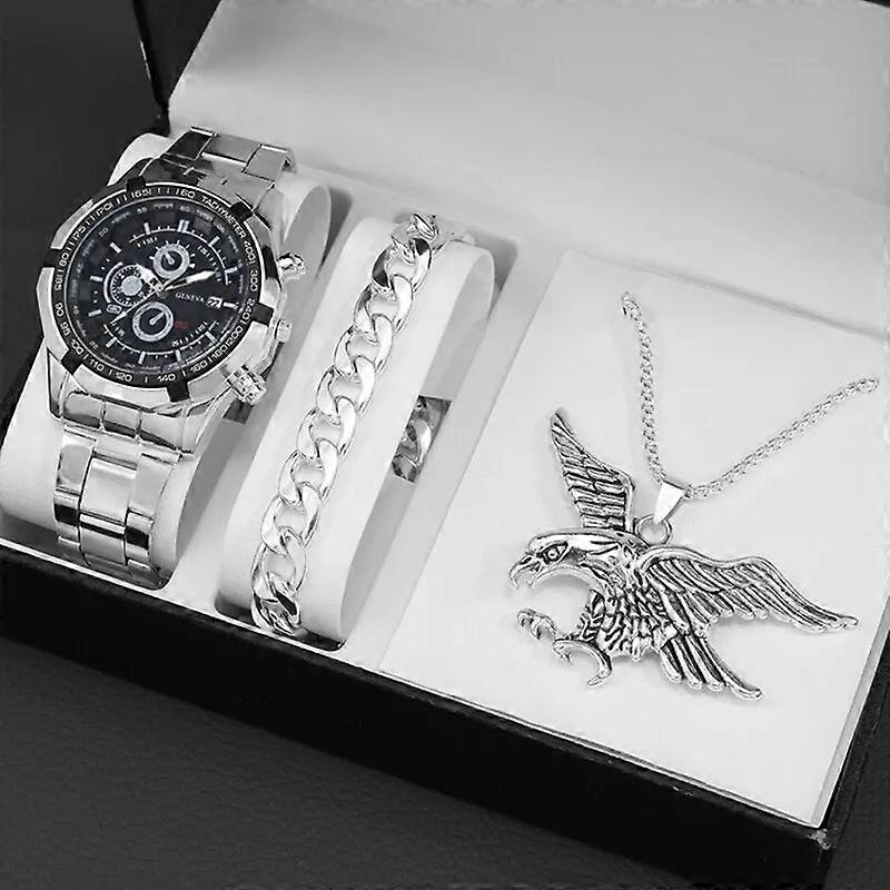 3Pcs Set Luxury Fashion Mens Watch Necklace Bracelet Set